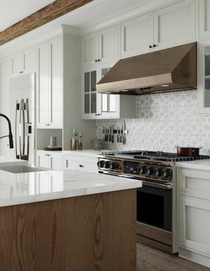 Traditional large L-shaped kitchen with large island and kitchen appliances. Kitchen interior with white cabinets and wooden island. 3D rendering Traditional large L-shaped kitchen with large island and kitchen appliances. Kitchen interior with white cabinets and wooden island. 3D rendering